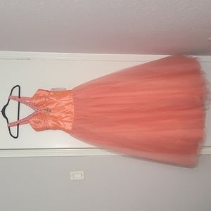 Coral ball gown with beaded straps and a lace up corset back NWT Size 8